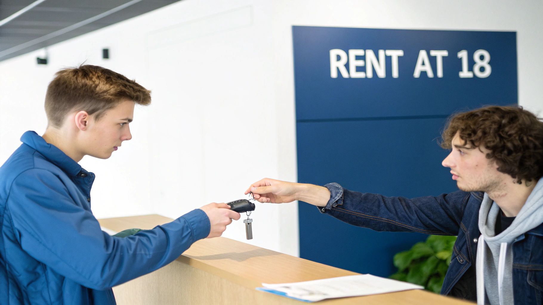 Two young men at a rental counter exchanging car keys with a 'Rent at 18' sign.
