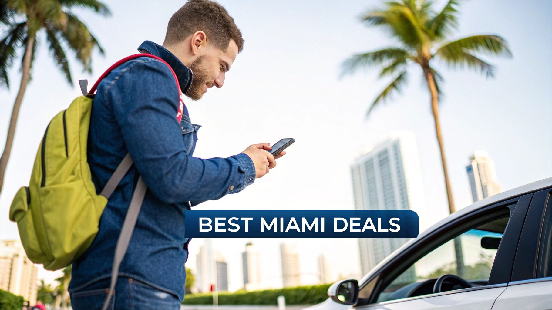 Young traveler with backpack checking phone for best Miami car rental deals near palm trees