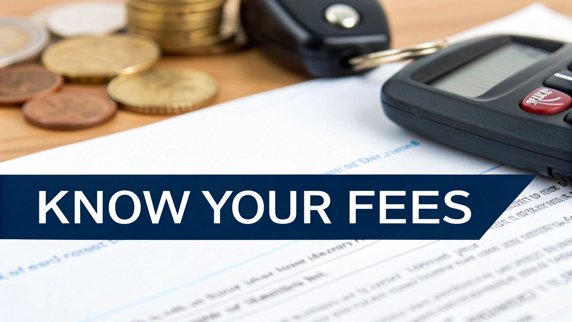 A close-up of a calculator, car keys, coins, and documents with a prominent 'KNOW YOUR FEES' banner.