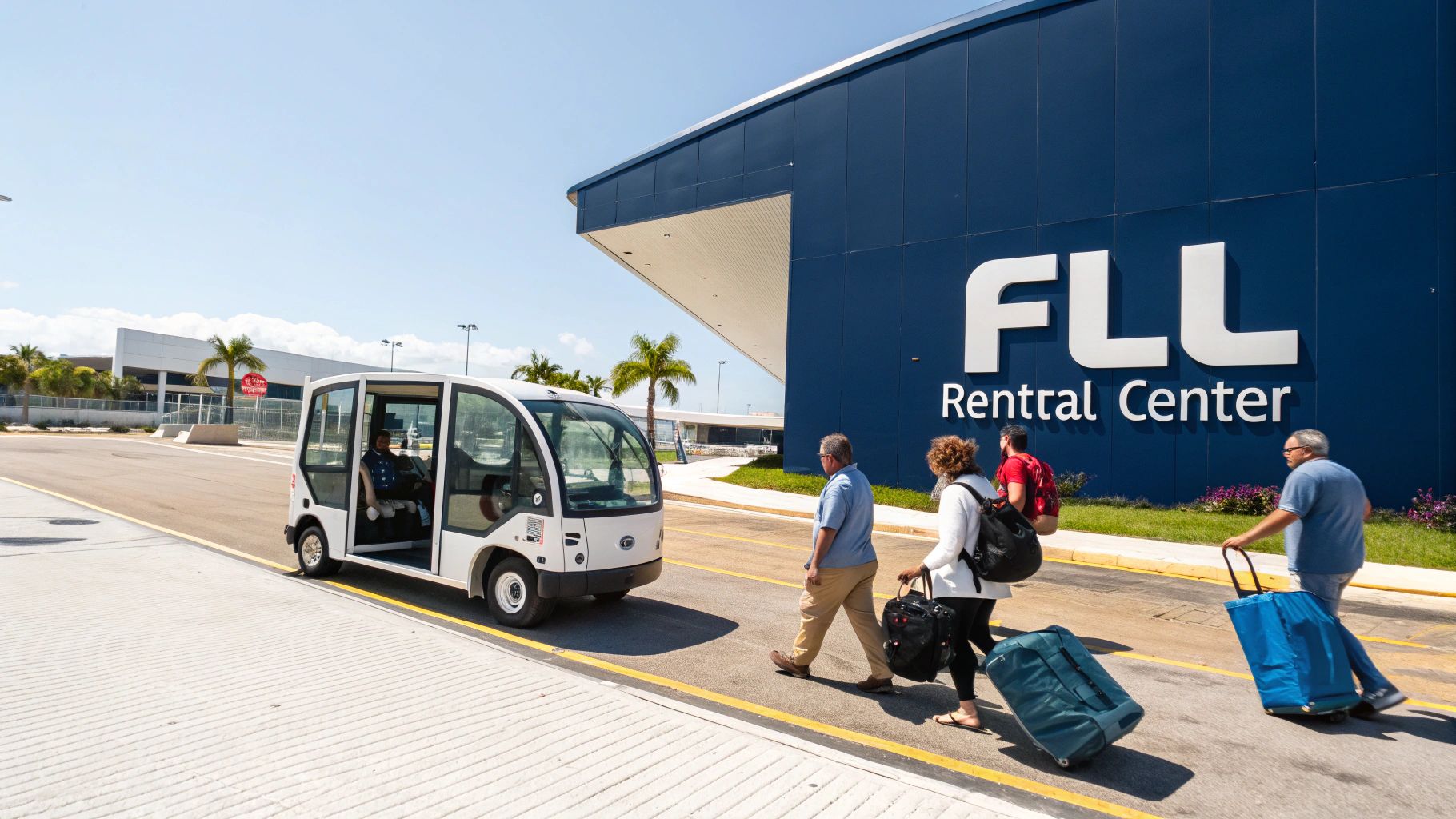 Travelers with luggage walk near a white shuttle towards the FLL Rental Center building under a sunny sky.