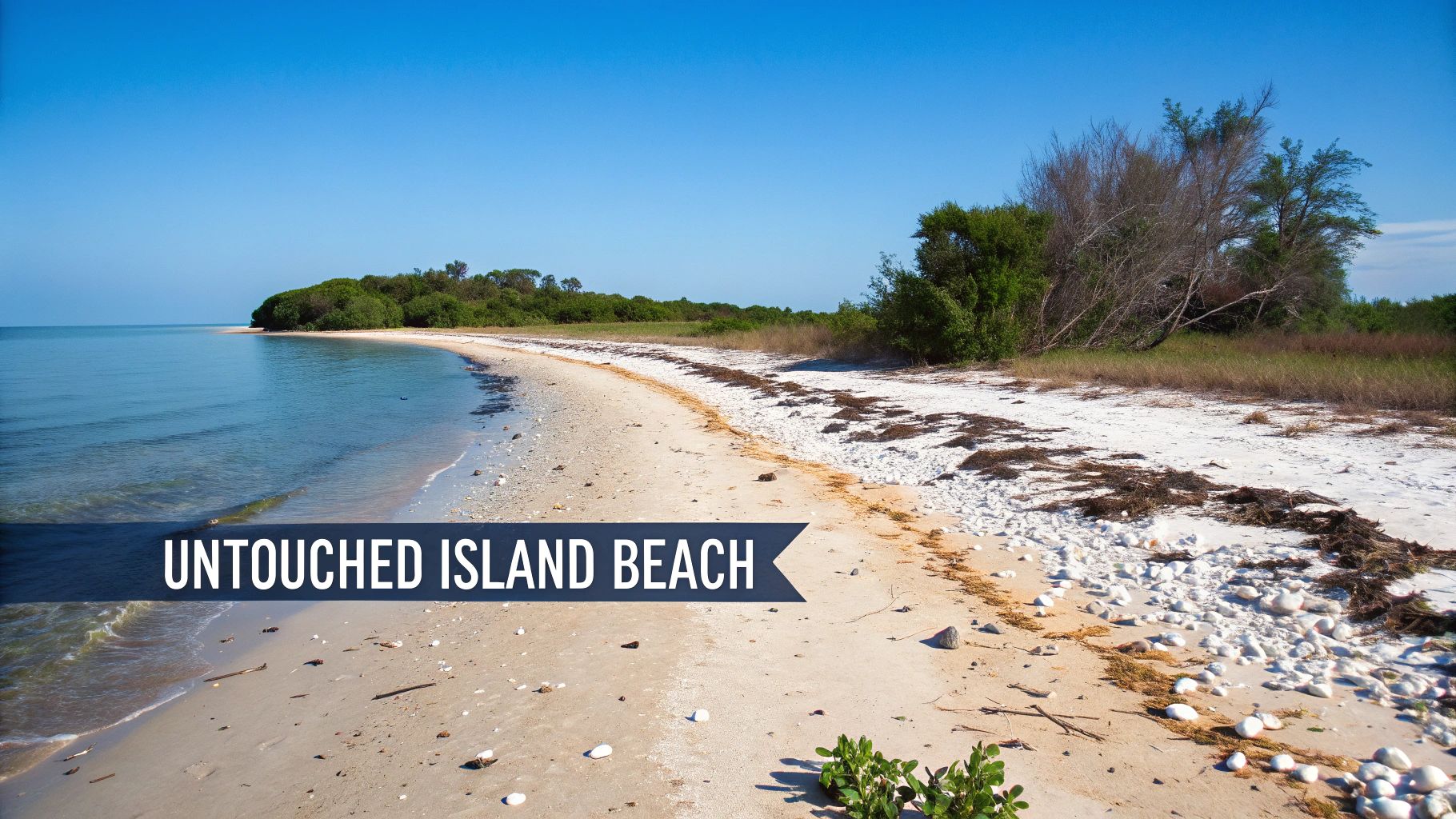 Beautiful untouched island beach featuring calm blue water, white sand, and lush coastal vegetation under a clear sky.