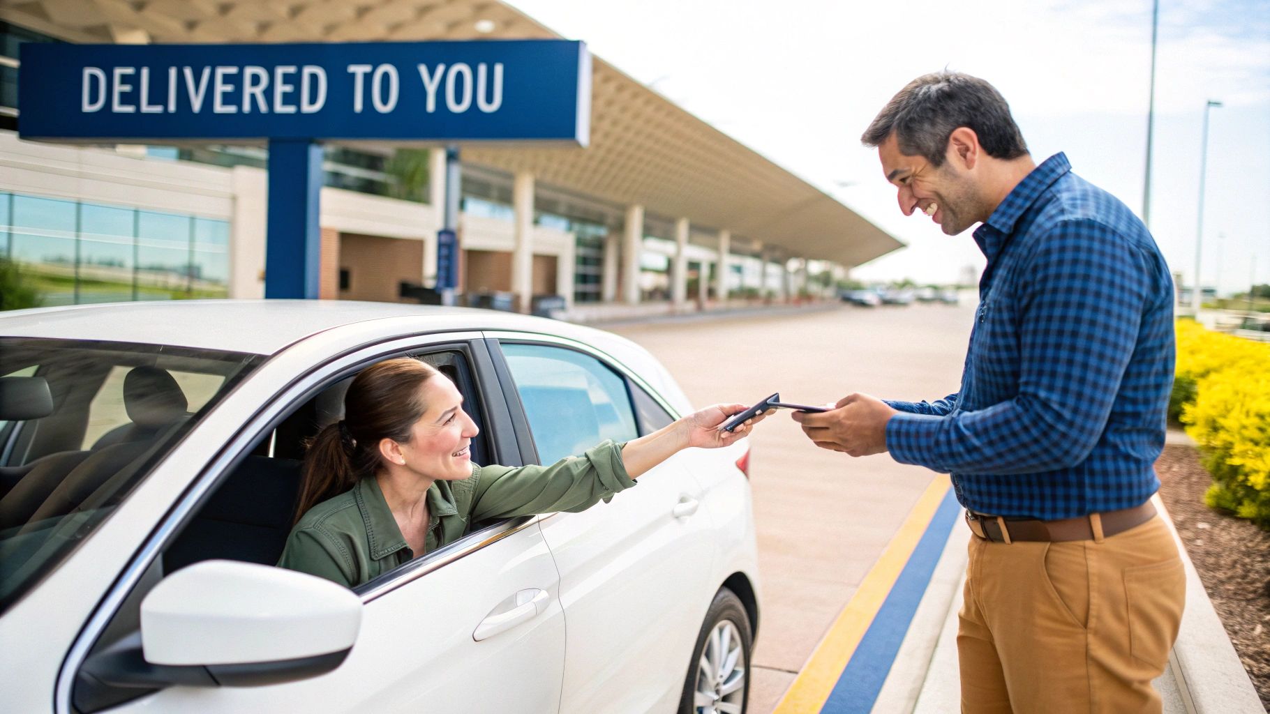 Smiling woman in car hands device to a man, suggesting a convenient car rental pick-up.