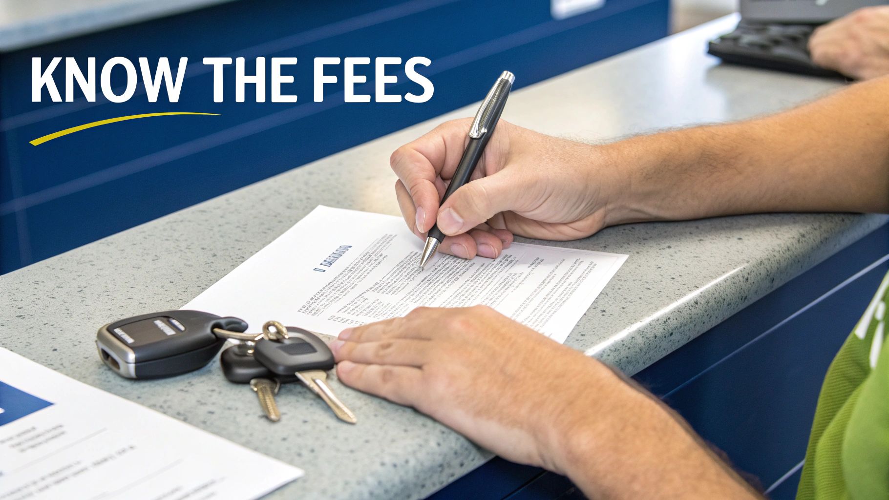 Close-up of a person's hands signing a document with a pen, car keys on a counter, and 'KNOW THE FEES' text.