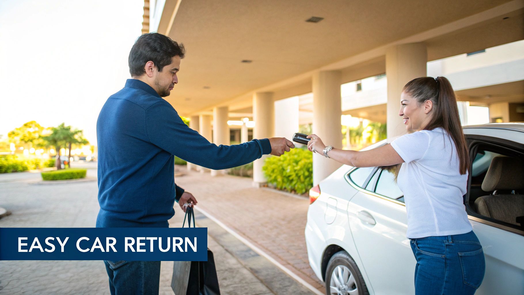 Person smiling while receiving car keys from a rental agent in front of a hotel