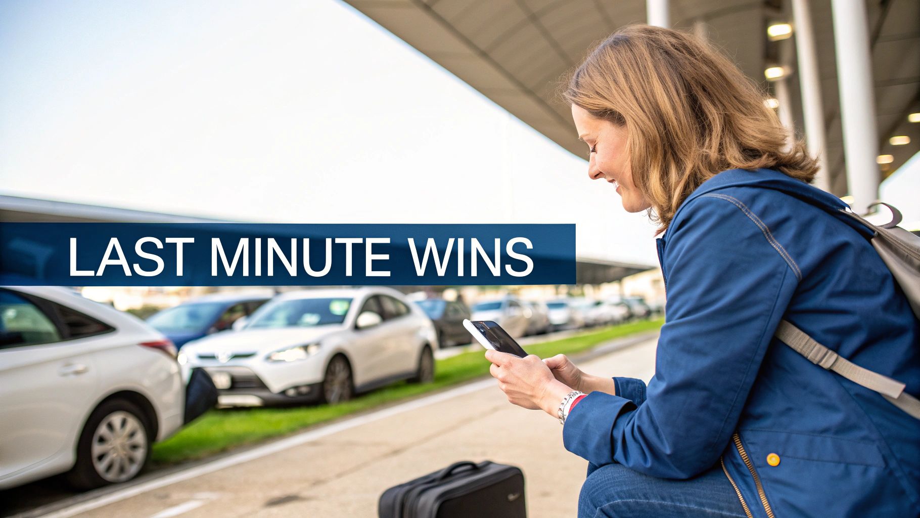 A smiling woman checks her phone outdoors in a parking lot, with 'LAST MINUTE WINS' overlay.