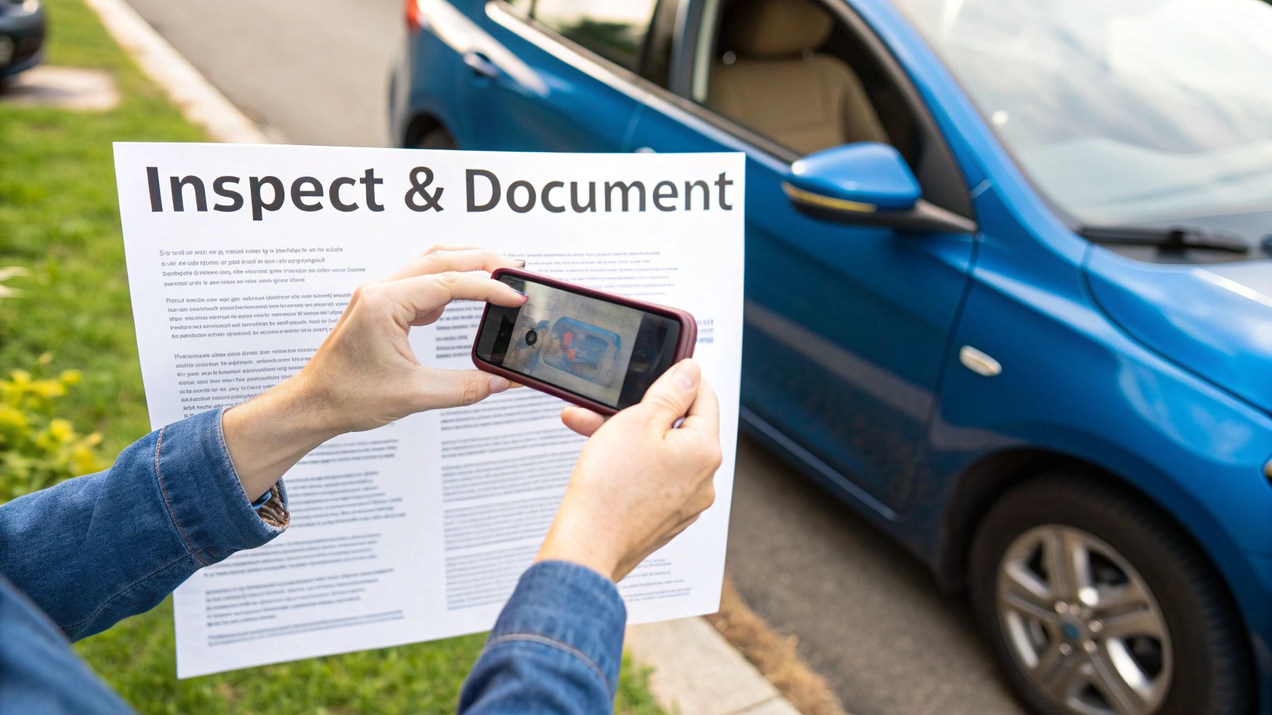 Person documenting a car with a smartphone, holding a paper titled 'Inspect &amp; Document' next to a blue car.