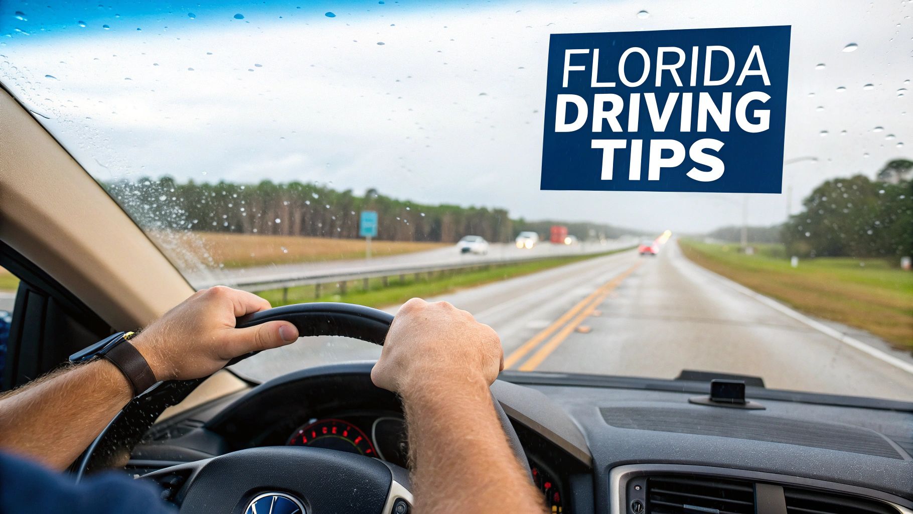 Driver's view on a rainy Florida highway, with 'Florida Driving Tips' text on the windshield.