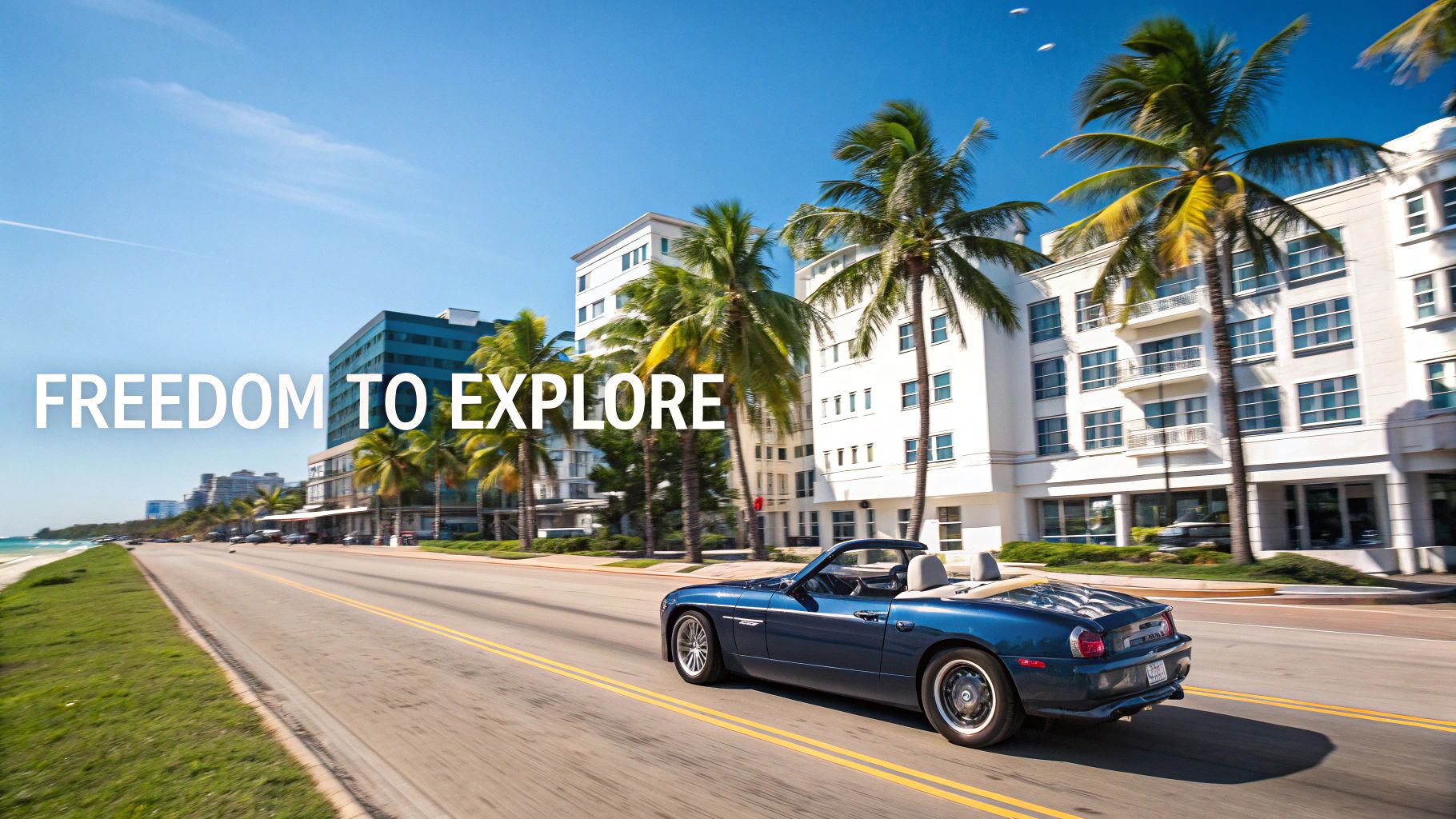 Blue convertible car driving along palm tree lined coastal road in Miami Beach with modern buildings