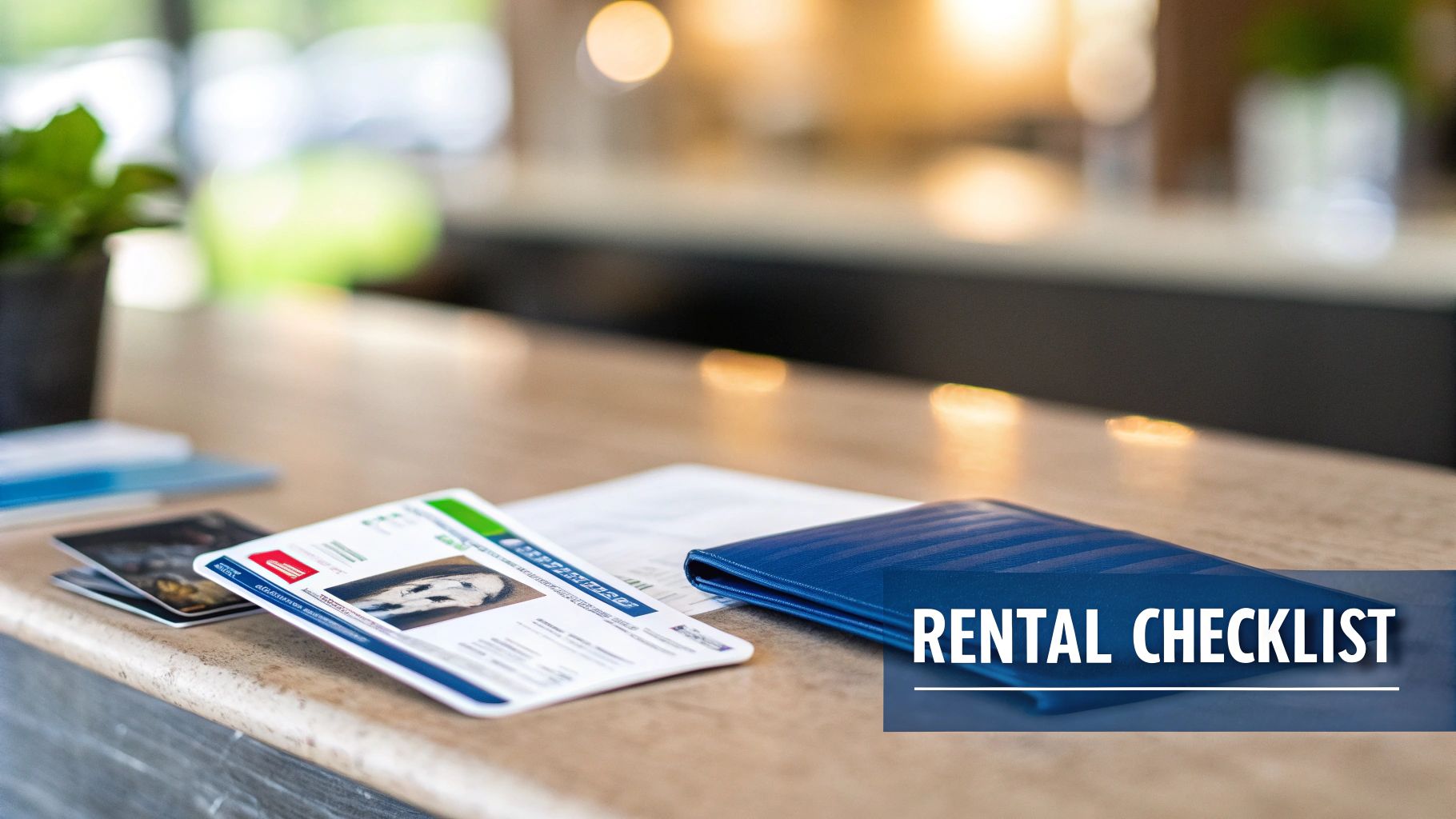 Documents for car rental, including a driver's license, credit cards, and a blue folder on a counter.