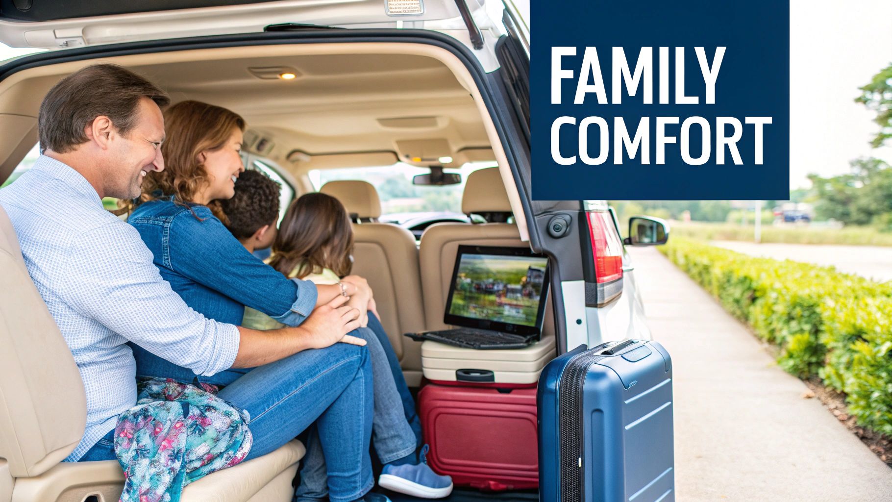 Family enjoying a comfortable road trip in a minivan, with luggage and a laptop in the trunk.