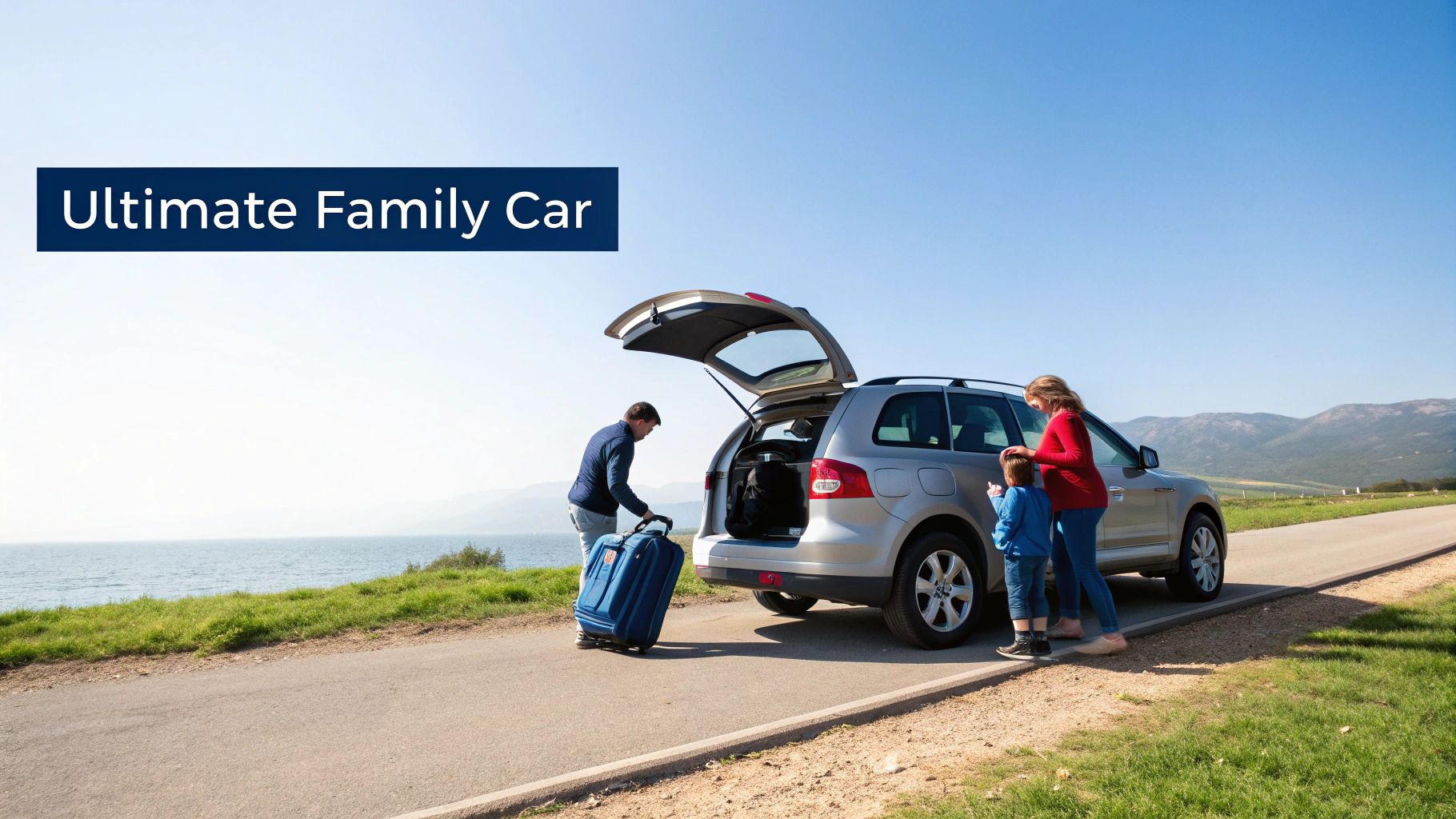 A family packing their blue SUV for a road trip, with scenic mountains in the background.