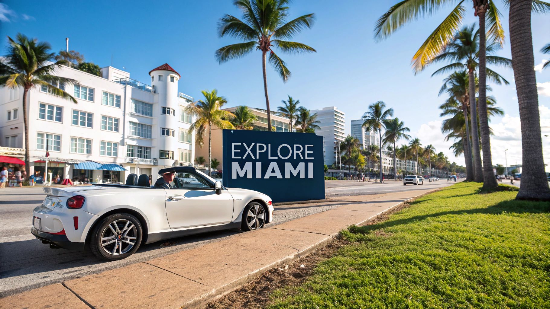 A white convertible car on a sunny Miami street with an 'EXPLORE MIAMI' sign, palm trees, and buildings.