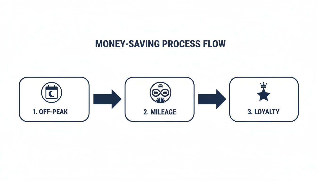 This infographic outlines a three-step money-saving process for car rental: off-peak, mileage, and loyalty.