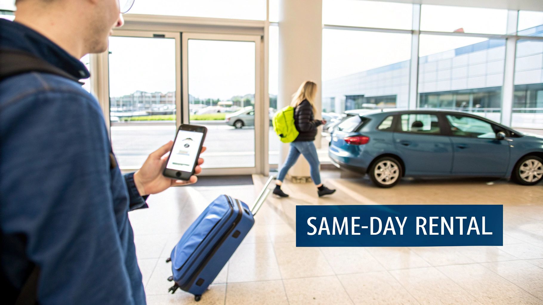Man using a smartphone app for same-day car rental, with a woman and blue car in a rental agency.