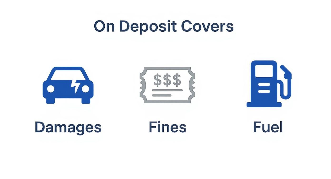 An image illustrating that a deposit covers car damages, traffic fines, and fuel expenses.