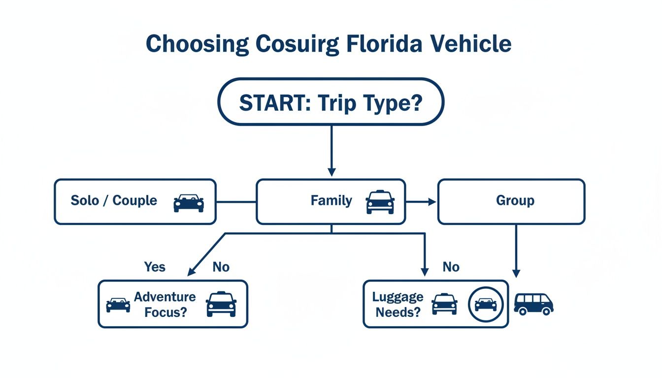 Flowchart guiding the selection of a Florida rental vehicle based on trip type, adventure, and luggage.