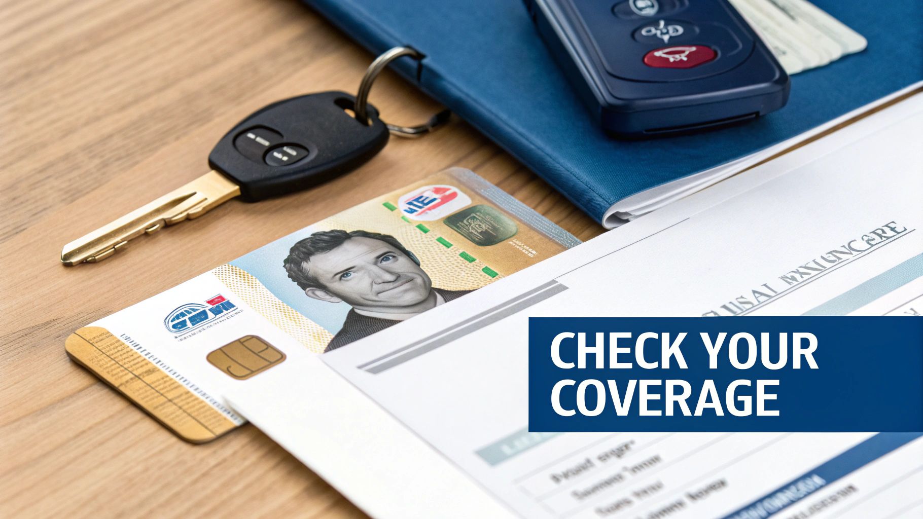 A car key, remote, identity card, and insurance documents with a 'CHECK YOUR COVERAGE' prompt.
