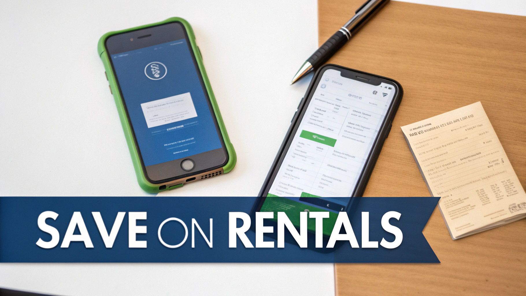 Two smartphones on a desk with a pen and papers, displaying finance apps, with a banner 'SAVE ON RENTALS'.