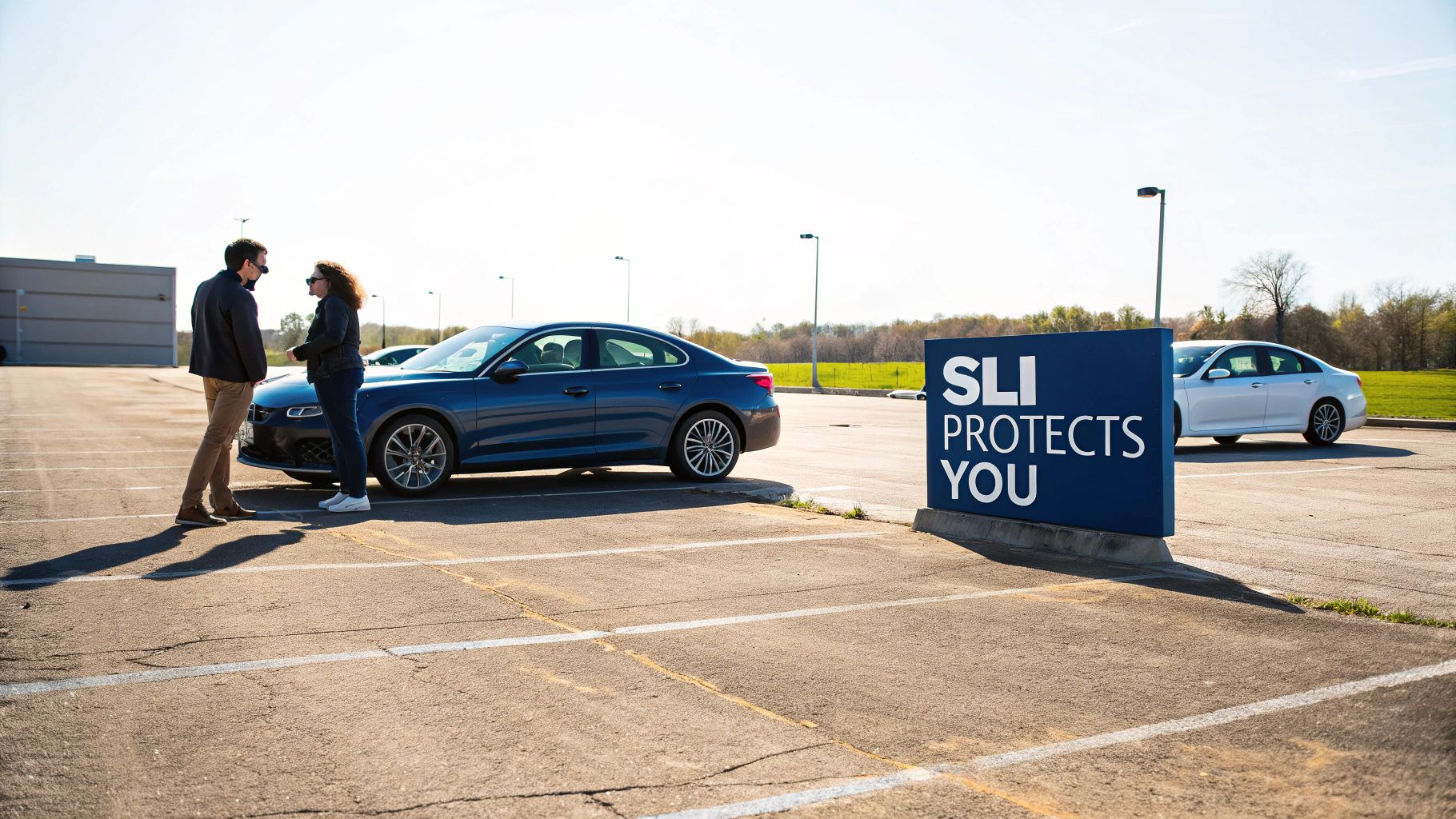 Two people discuss supplemental liability insurance next to a blue car in a sunny parking lot.