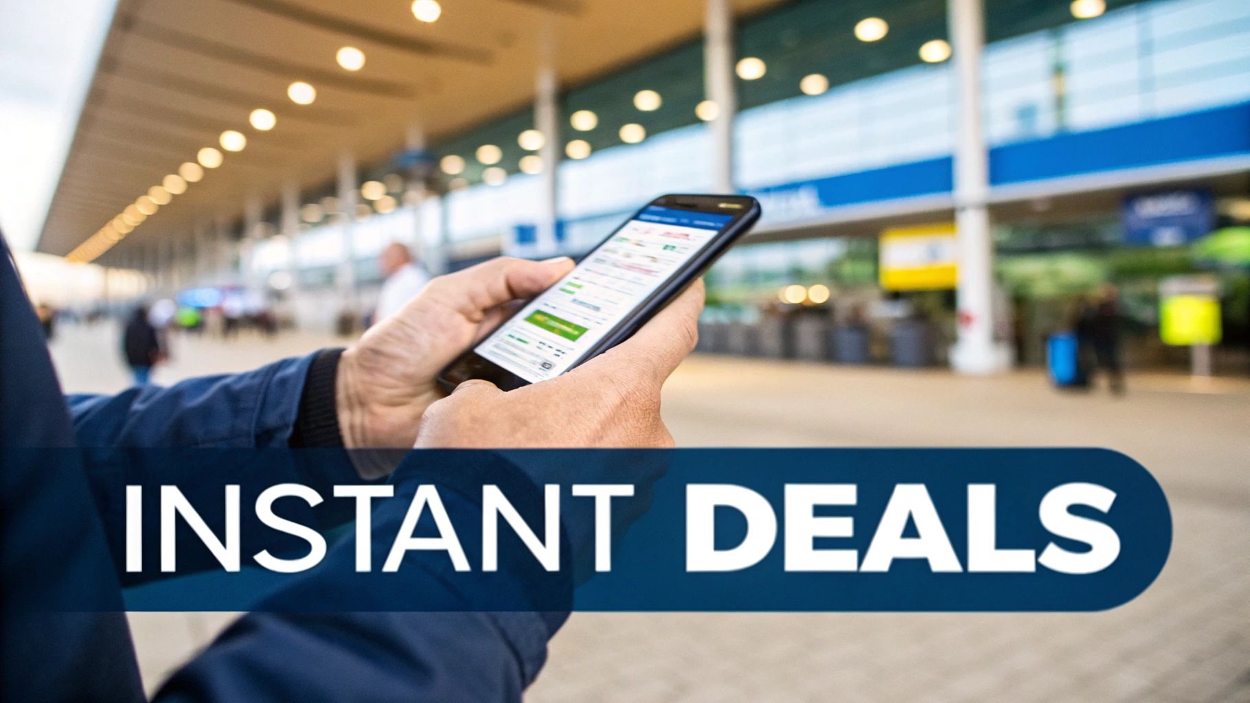 Hands holding a smartphone displaying instant deals on its screen at a busy airport terminal.