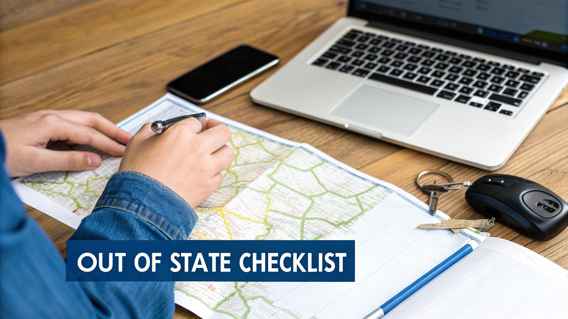 Hands holding a pen, marking a map with a laptop, phone, and car keys on a wooden table.