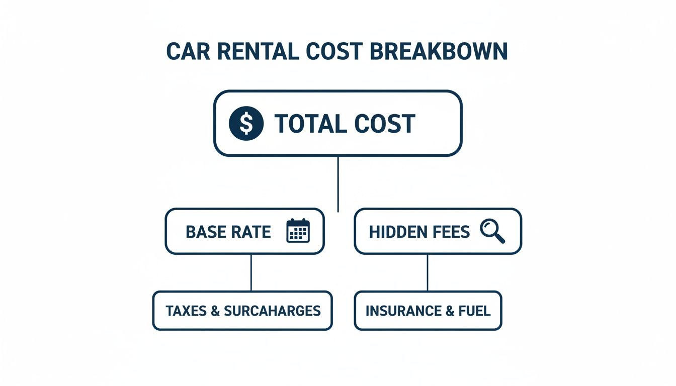 A flowchart detailing car rental cost breakdown: total cost, base rate, hidden fees, taxes, surcharges, insurance, and fuel.