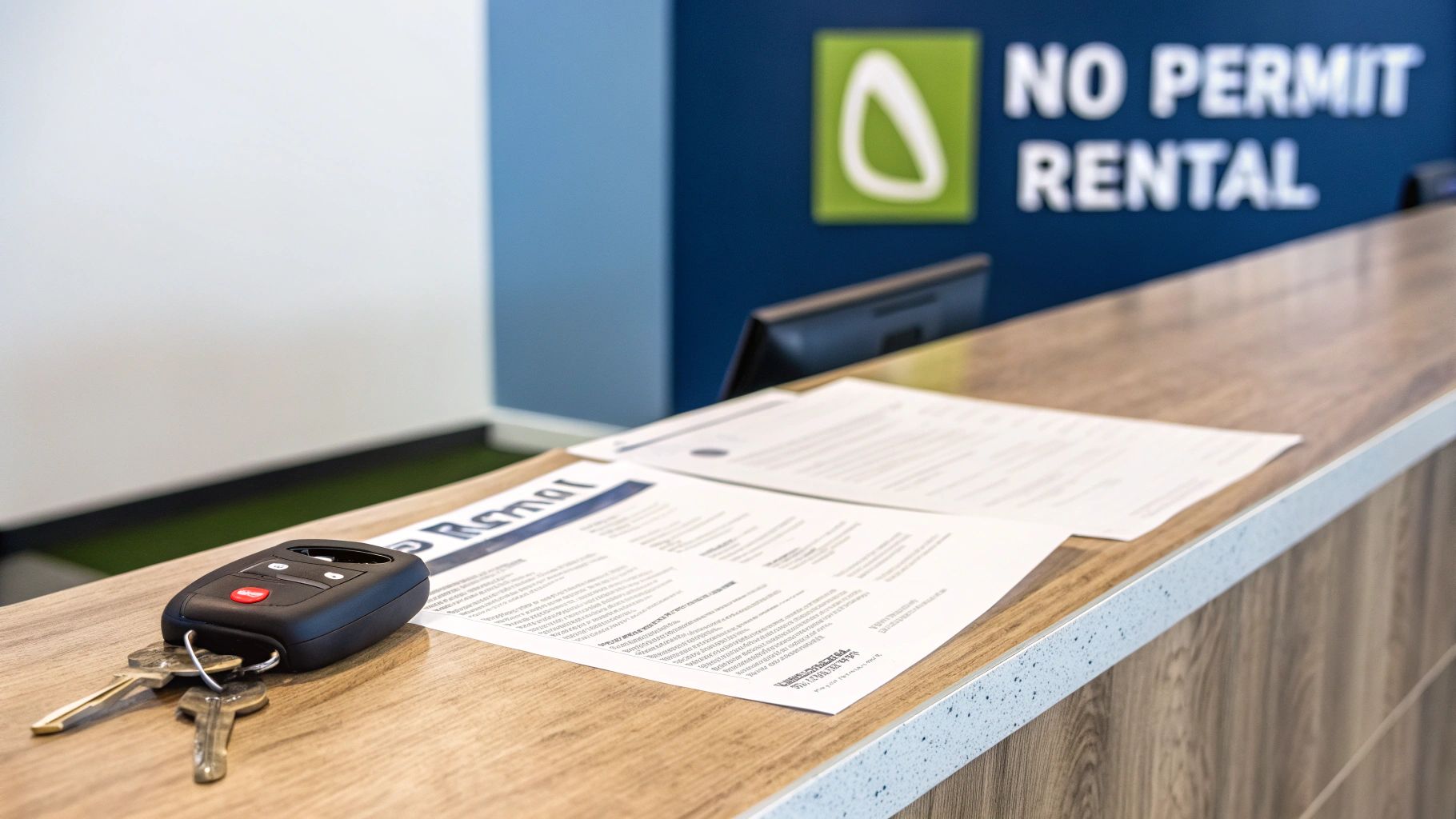 A person holding up a driver's license in front of a rental car dashboard.