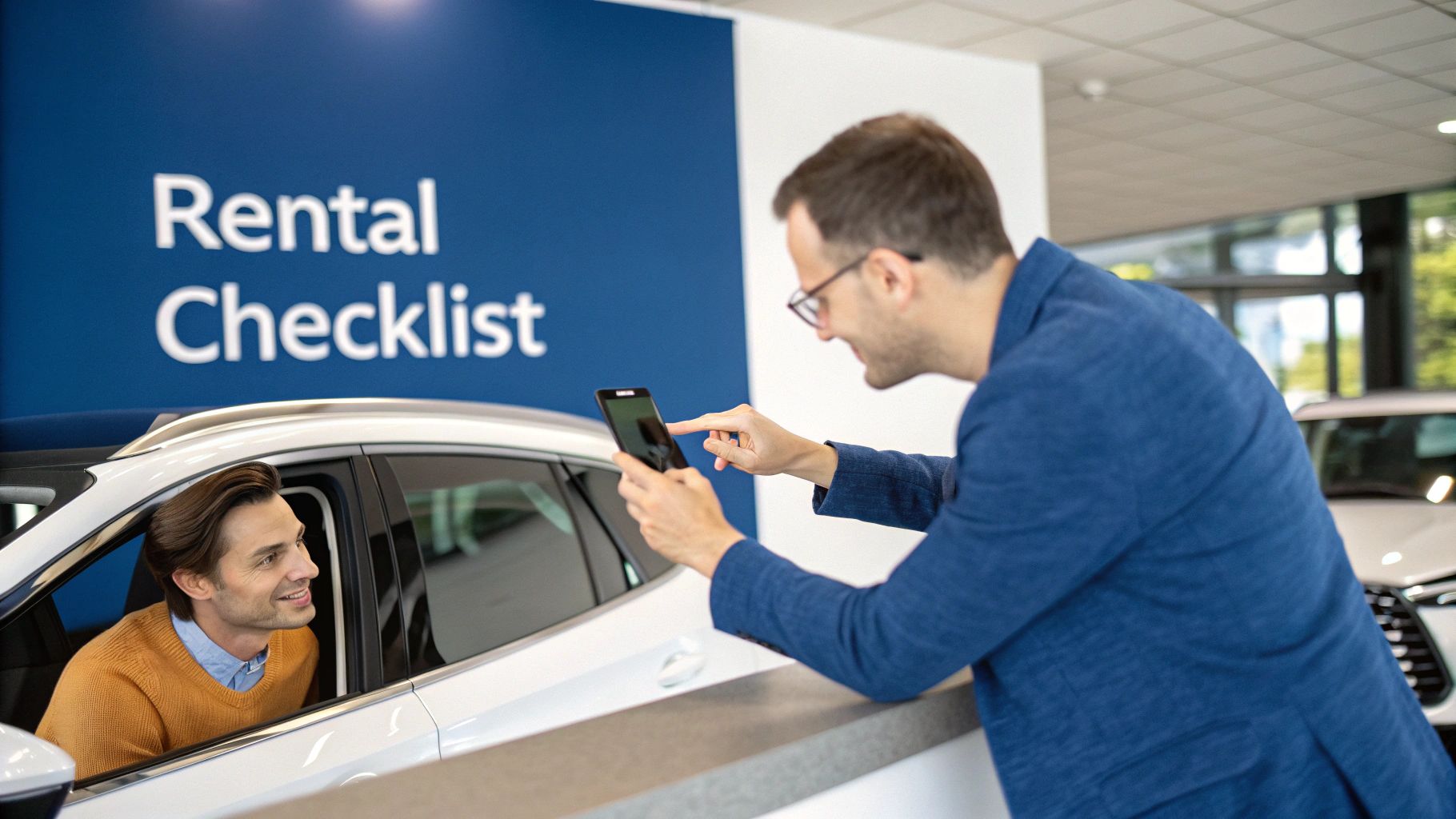 Man smiles inside a new car while another person photographs him at a car rental agency.