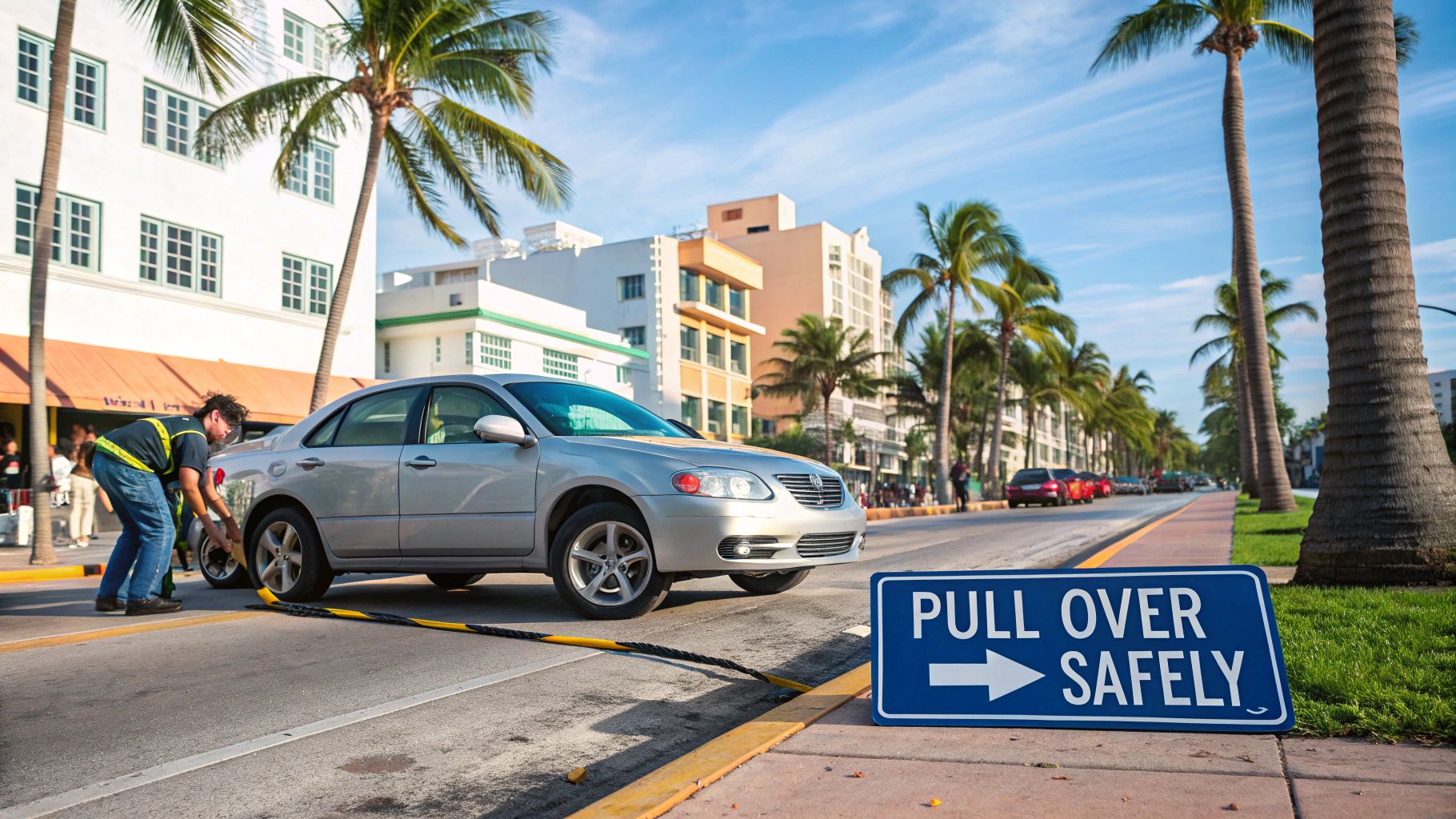 Roadside assistance: Man in safety vest fixing a flat tire on a silver car on a city street.