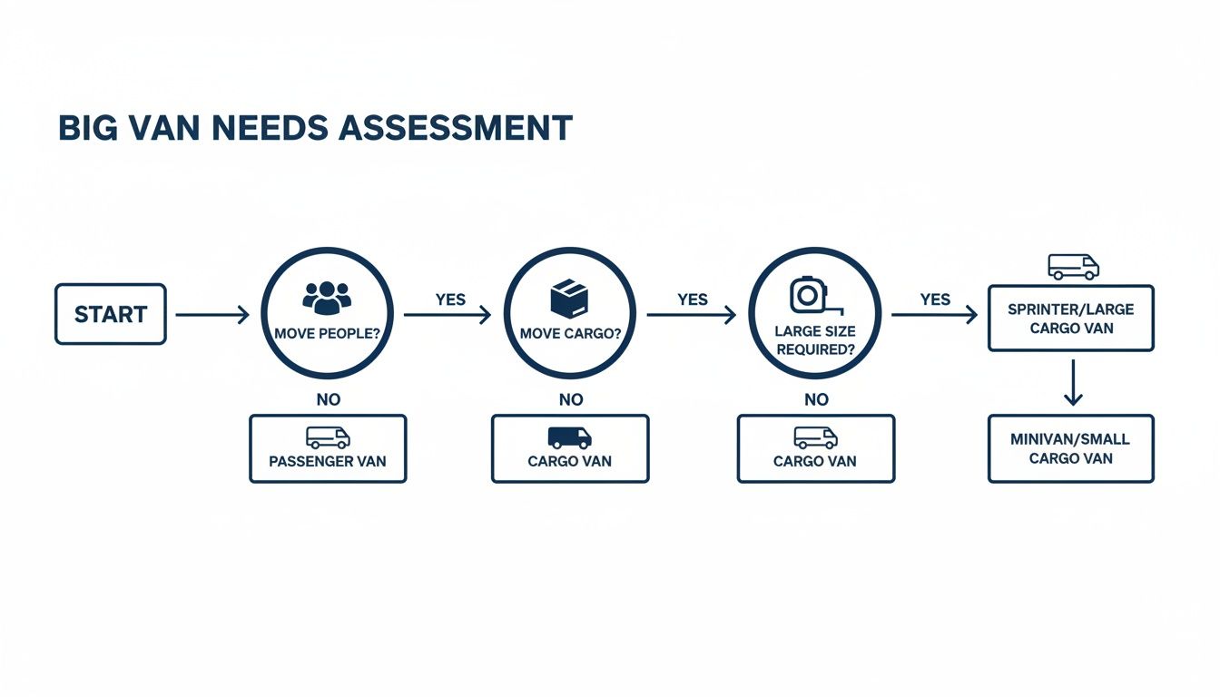 Flowchart for big van needs assessment, guiding selection based on moving people, cargo, and size requirements.