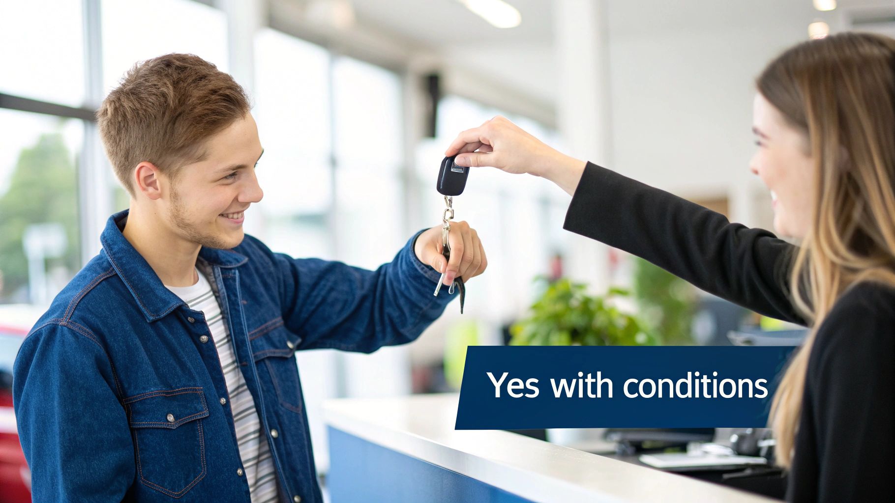 A smiling young man receives car keys from a woman at a counter, with “Yes with conditions” text.