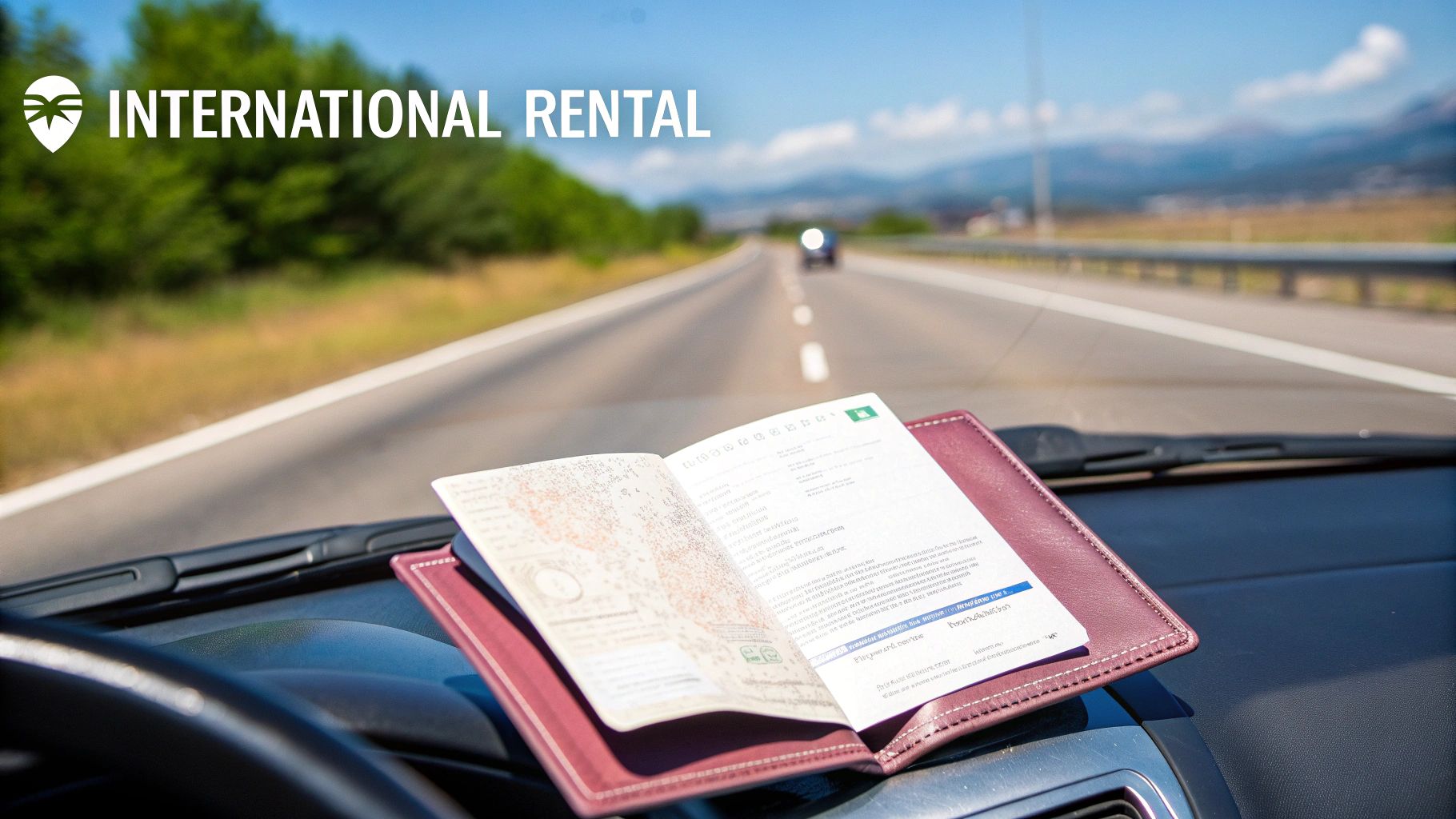An open passport on a car dashboard, driving on a road, symbolizing international car rental and travel.