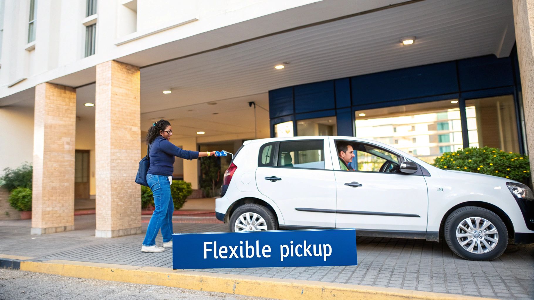 A woman in blue jeans hands an item to a man in a white car, indicating a flexible car pickup service.