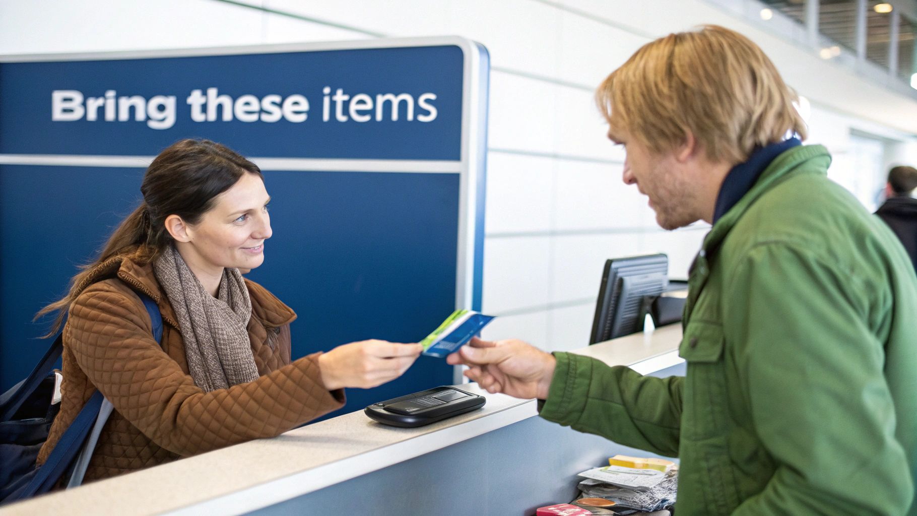 A smiling woman hands a credit card to a man at a service counter in an airport.