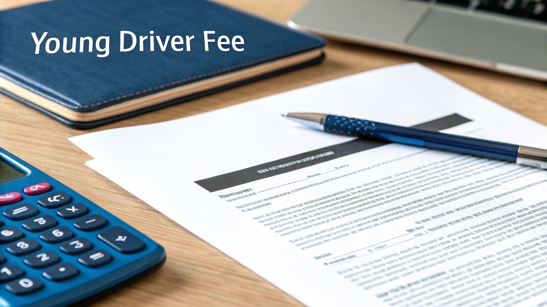 A desk with a document, blue pen, calculator, and notebook. Text reads "Young Driver Fee."
