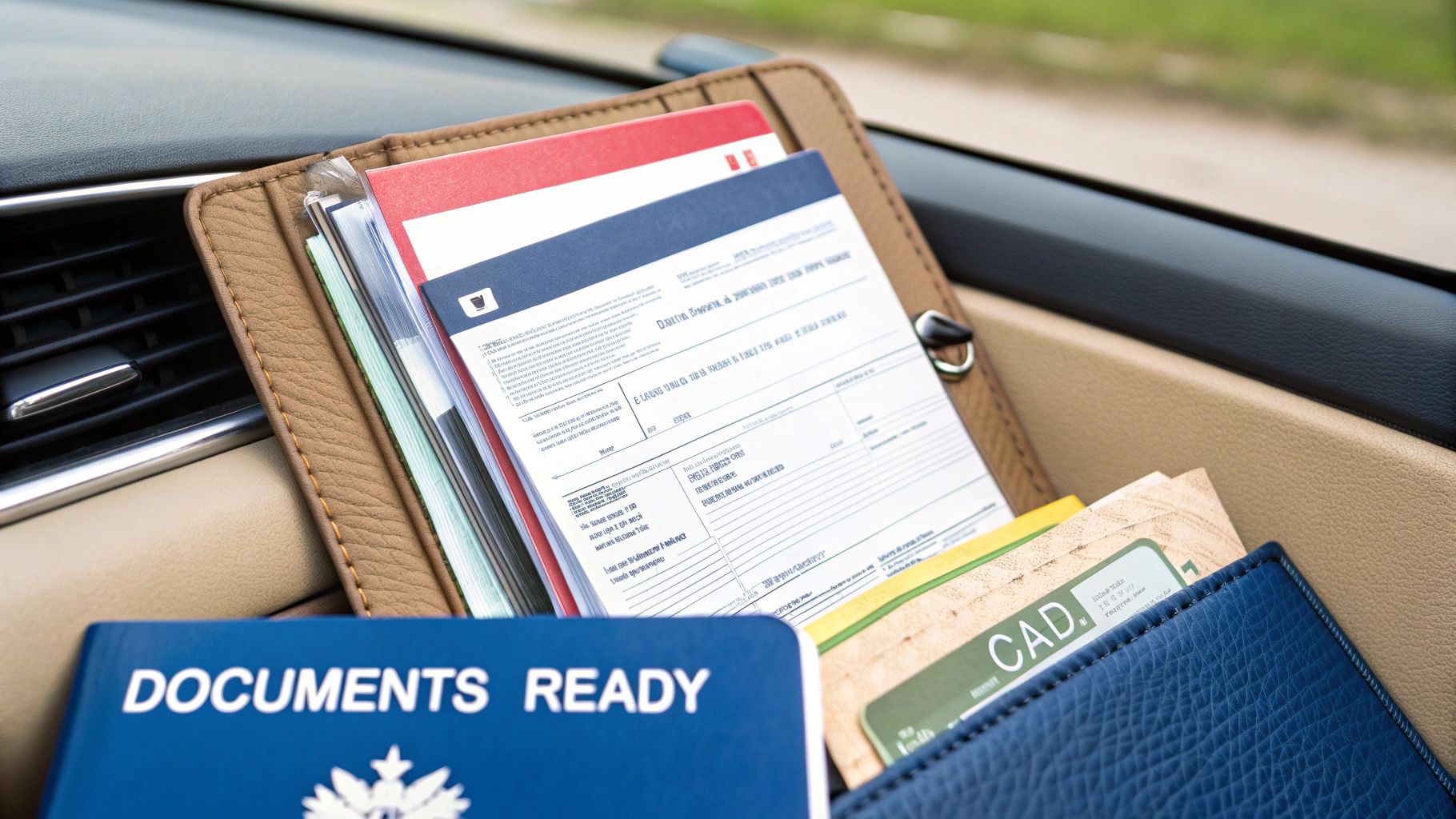 Various documents and folders, including 'DOCUMENTS READY' book, neatly arranged in a car interior.