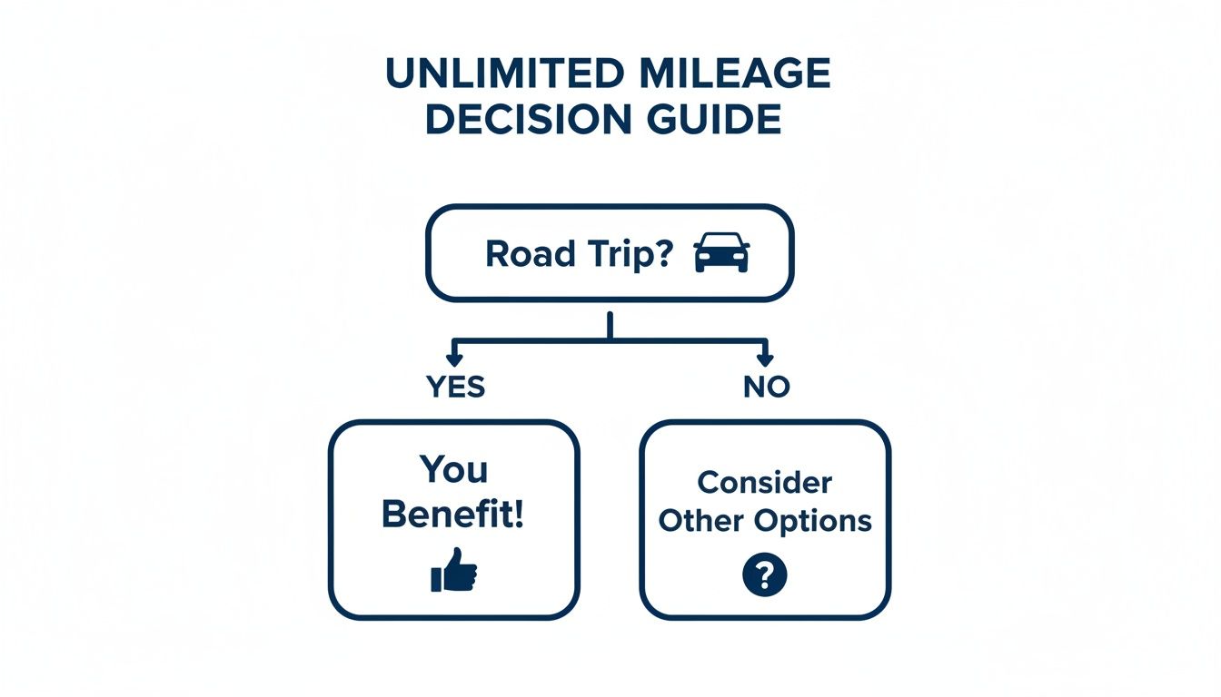 Decision guide flowchart for unlimited mileage, showing 'Road Trip?' leads to 'You Benefit!' or 'Consider Other Options'.