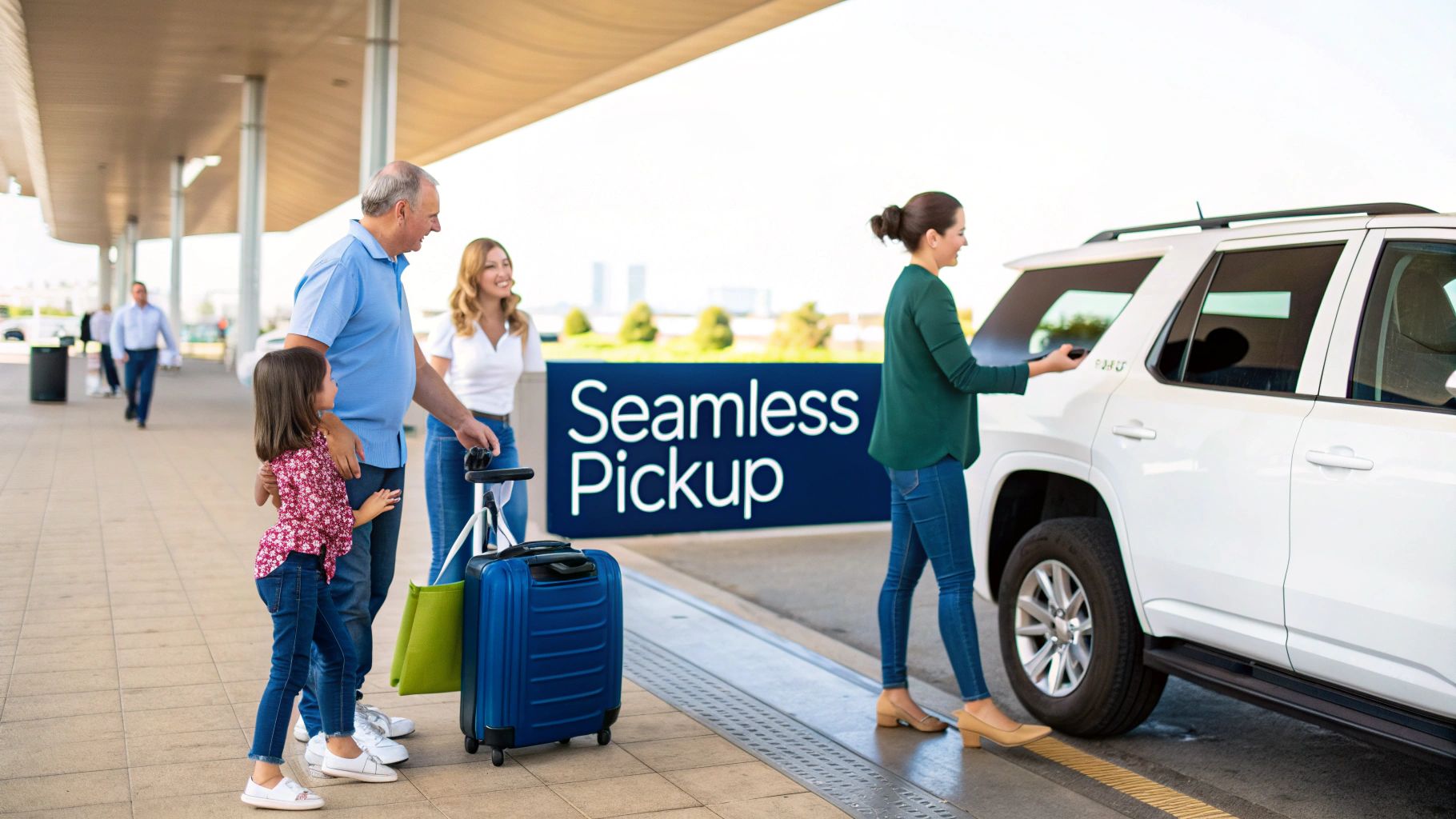 Family with luggage waits for a white SUV at an airport for a seamless pickup service.