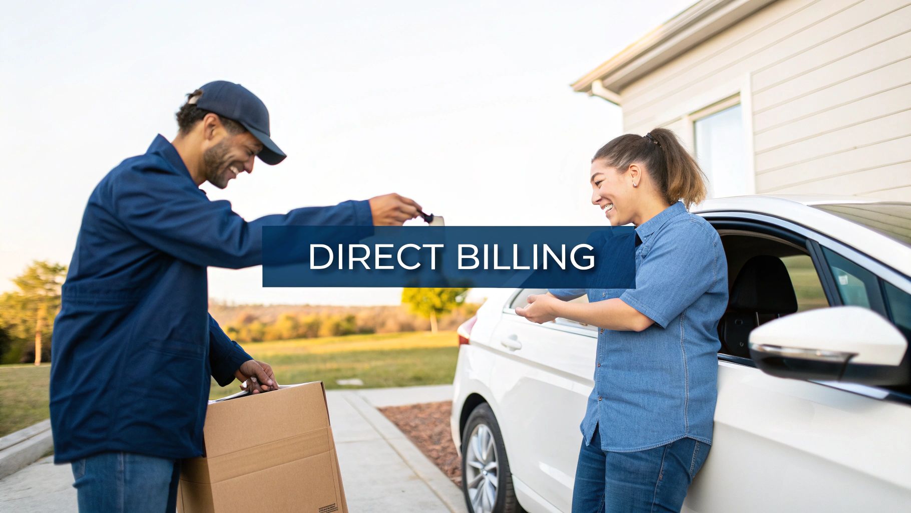A delivery person hands keys to a smiling woman next to a white car, holding a package.