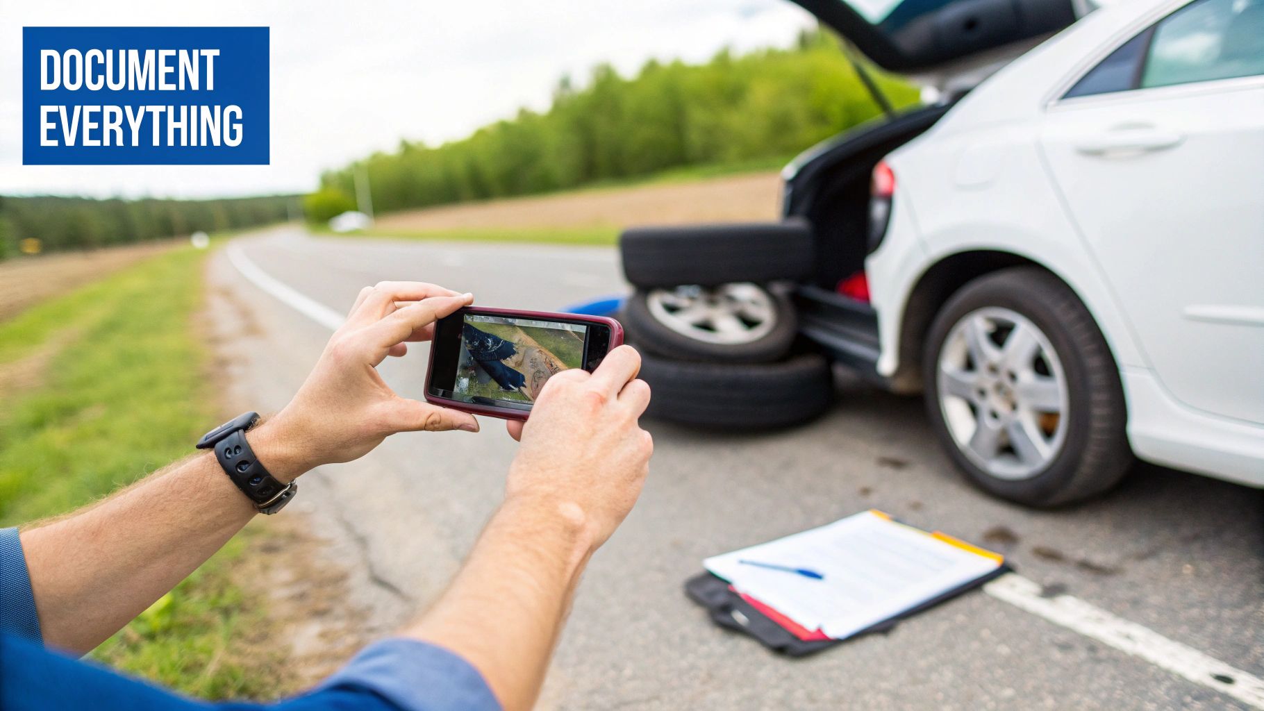 Person taking a smartphone photo of a flat tire and car breakdown on the roadside, documenting the scene.