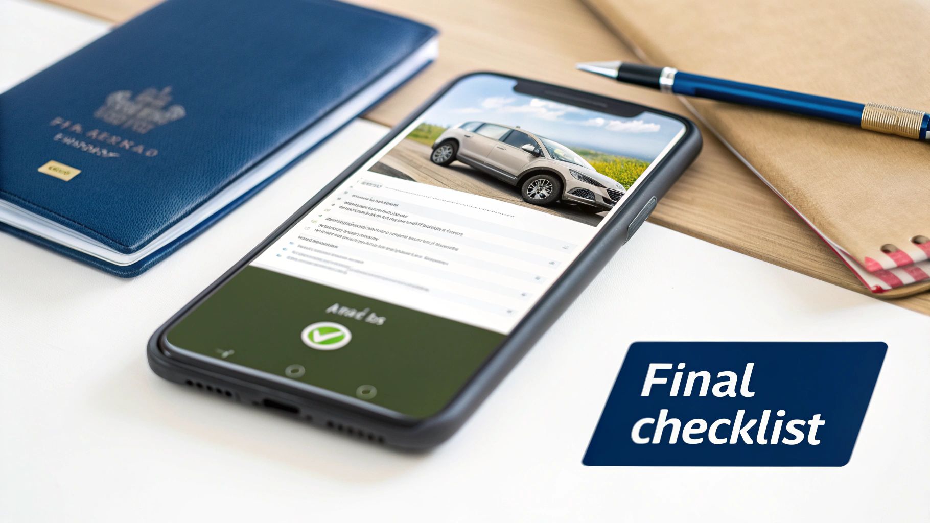 A smartphone shows a car rental app with a checklist and car image, next to a passport and notebook on a white desk. A "Final checklist" text overlay is present.