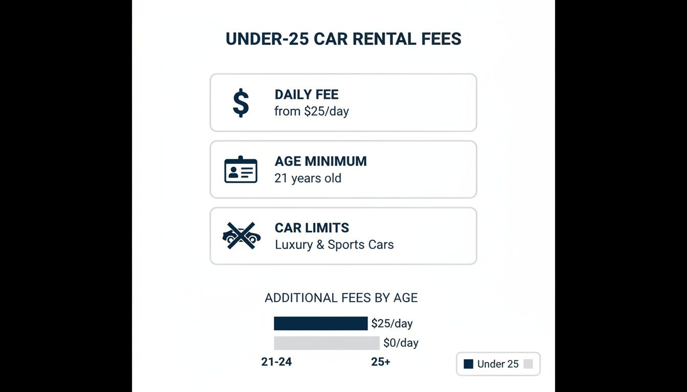 A detailed chart outlining car rental fees and requirements for drivers under 25 years old.
