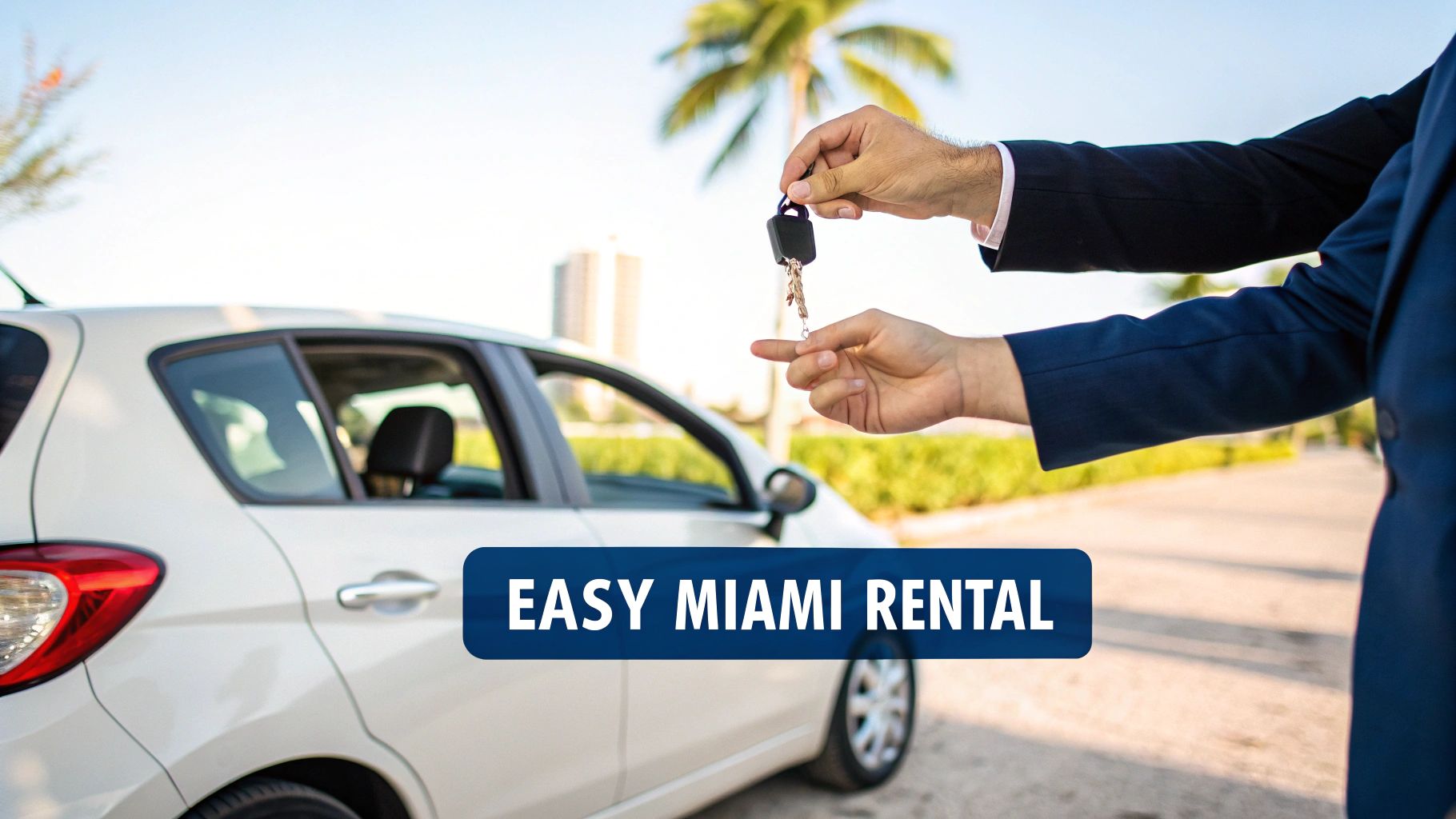 A person in a suit hands car keys to another person next to a white rental car. Text: EASY MIAMI RENTAL.