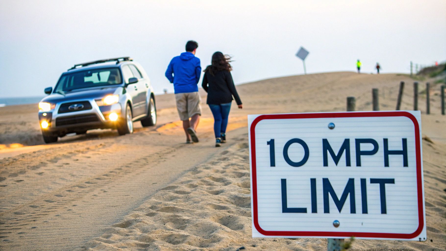 Car driving on the hard-packed sand of Daytona Beach with the ocean nearby.