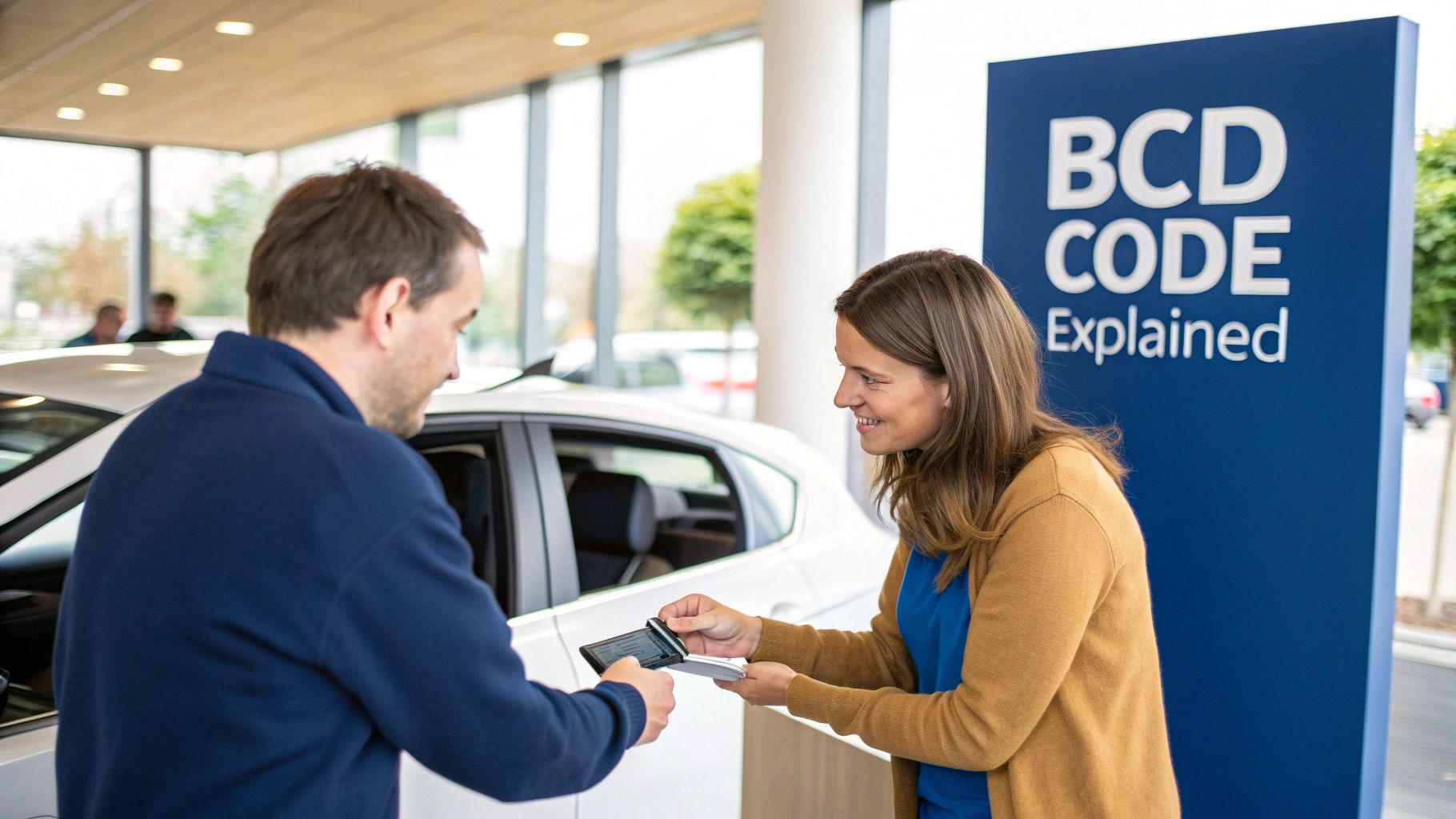 A man and woman in a car rental office exchanging documents near a sign explaining BCD codes.