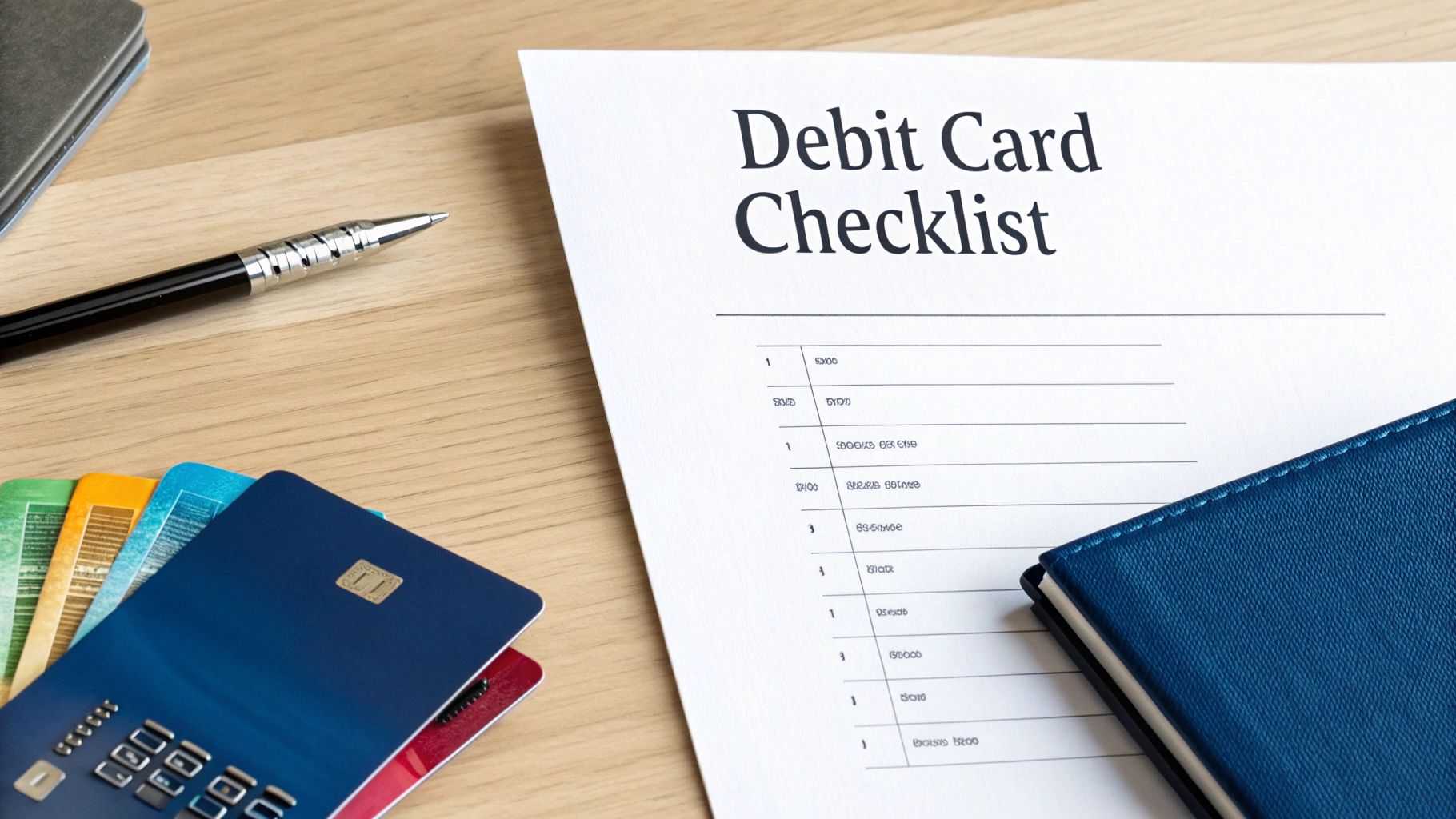 A Debit Card Checklist document on a wooden desk surrounded by multiple debit cards, a pen, and a notebook.