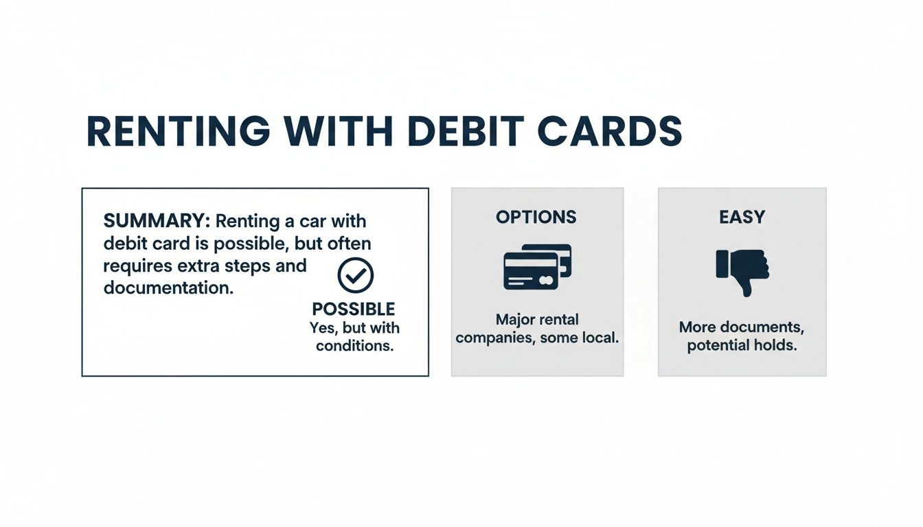 An informational graphic titled 'Renting with Debit Cards' outlines options and potential difficulties.
