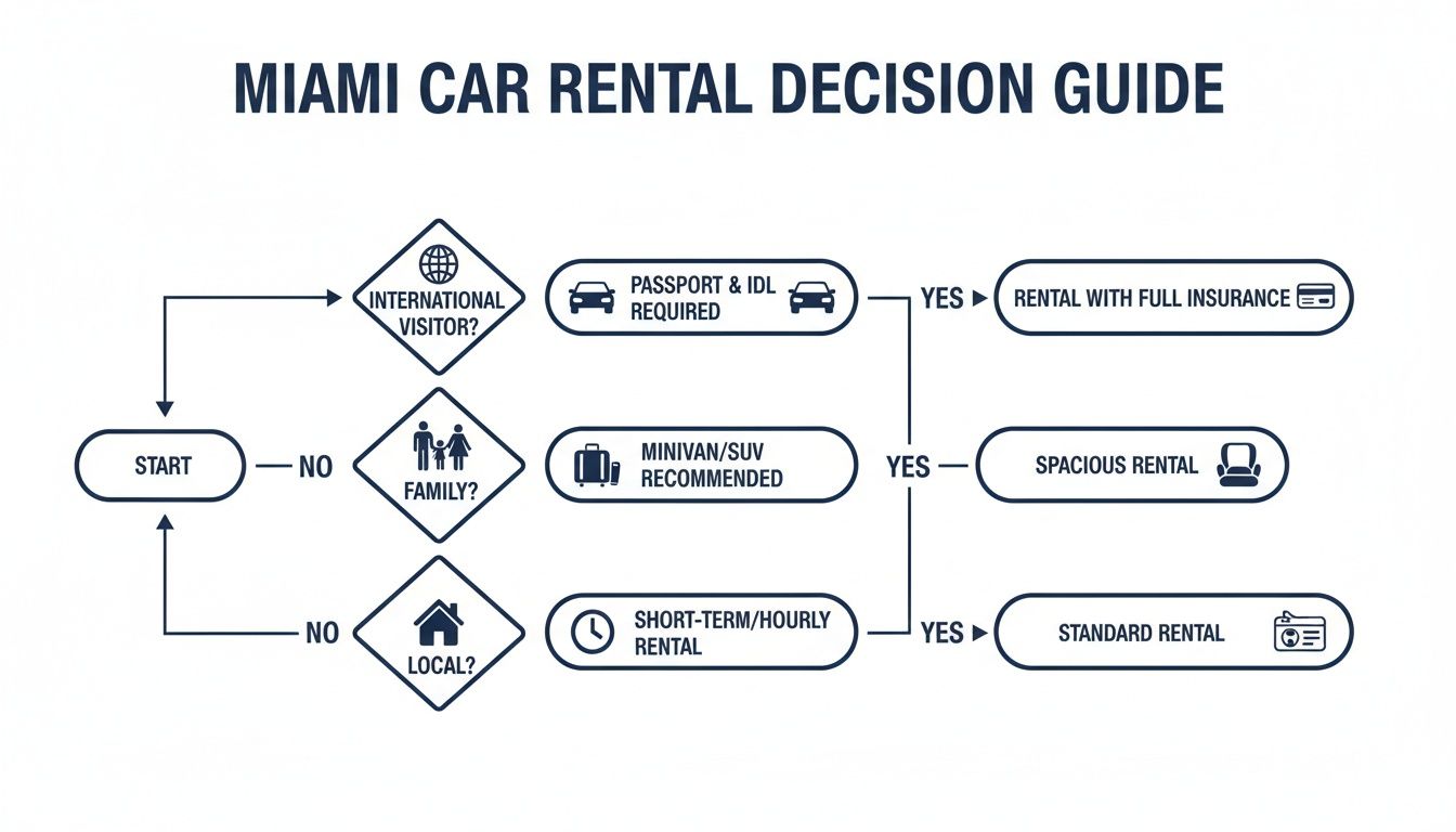 A flowchart decision guide for Miami car rentals based on visitor type, family needs, and rental duration.