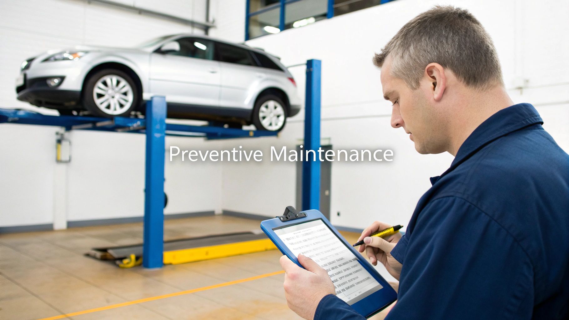 A mechanic inspects a clipboard in a garage with a silver car elevated on a lift, performing preventive maintenance.