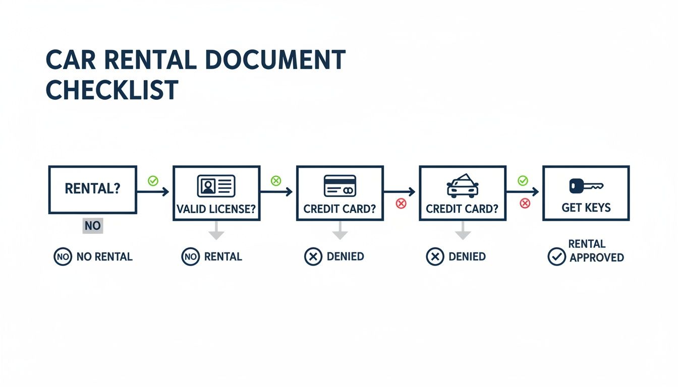 Flowchart illustrating the car rental document checklist process from initial inquiry to approval or denial.